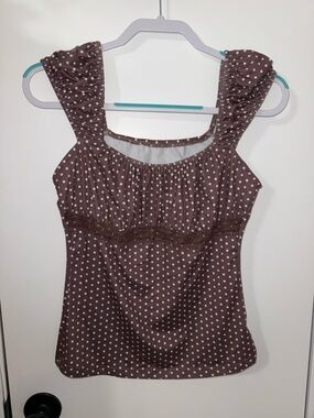 Brown Polka Dot Sleeveless Ruffle Strap Top